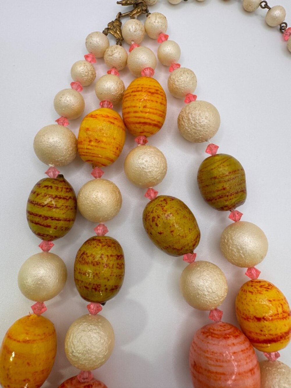 Vintage Paper Mache Bead Necklace Double Strand Artisan Leaf Clasp Chunky - Picture 4 of 16